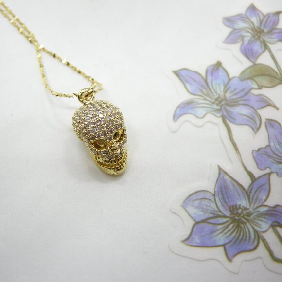 Dainty Micropavé Skull Necklace on Gold Chain - Picture 5 of 12